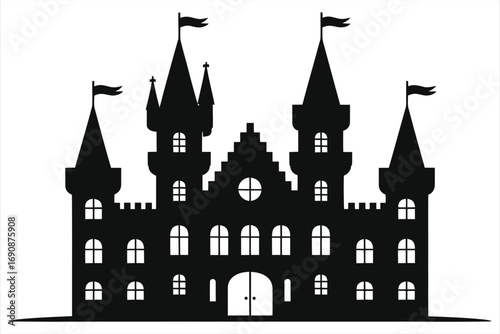 Majestic Castle-Style Hotel Silhouette Featuring Grand Towers, Turrets, Flags and Arched Windows on White Background – Medieval Luxury Resort Architecture Icon for Tourism, Travel, Hospitality, Arch.
