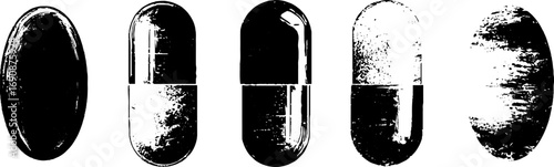 Grunge black and white pill illustrations set for urban design and artwork projects