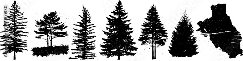 Grunge black and white pine tree set for nature and forest design projects