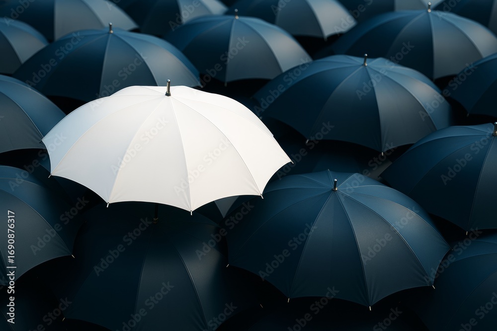 Obraz premium One white umbrella standing out among many dark blue umbrellas, symbolizing uniqueness and individuality in a minimalist graphic style concept.