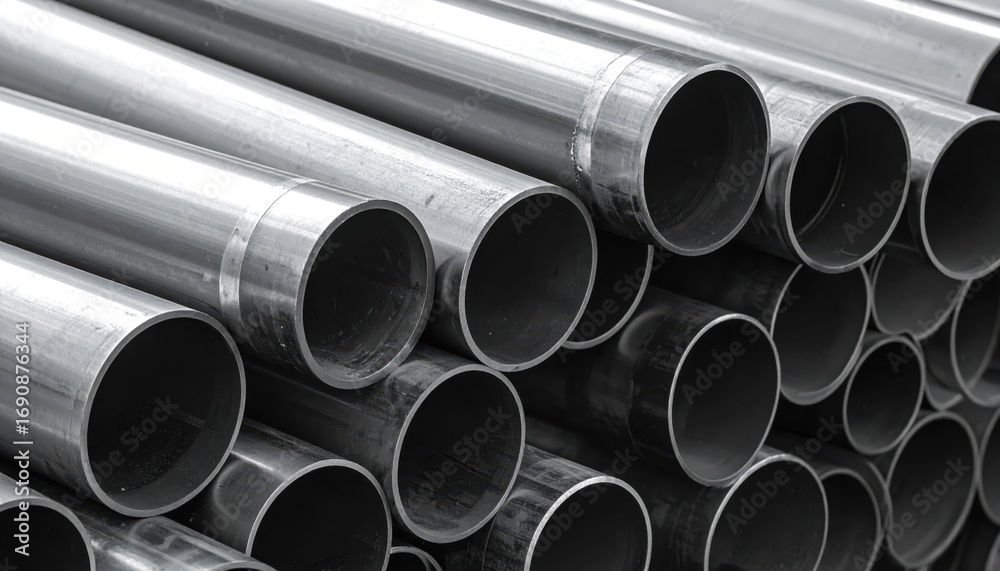 Fototapeta premium Close-up View of Industrial Steel Pipes in Stockpile Arrangement