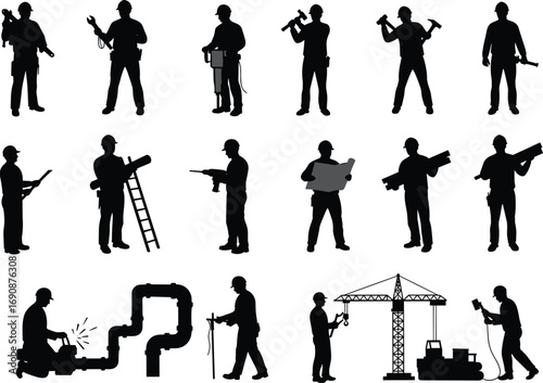 Silhouette construction workers, men using tools, welding pipes, reading plans, operating crane, drilling, carrying materials, heavy labor, industrial job, vector black worker silhouettes illustration