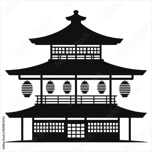 Traditional Japanese Ryokan Silhouette: Iconic Multi-Tiered Building with Hanging Lanterns for Travel, Culture, Zen & Branding
