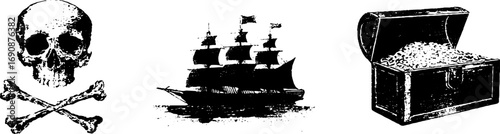 Grunge black and white pirate illustration set with skull, ship, and treasure chest - perfect for nautical themes