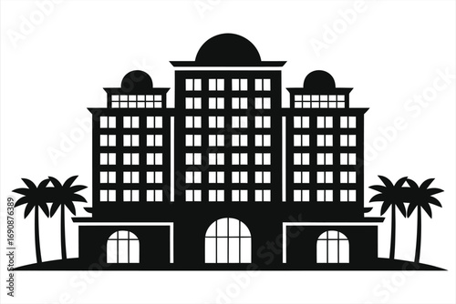 Grand hotel or luxury resort building silhouette with palm trees. Vector icon for real estate, travel, vacation logo. Tropical architecture symbol, isolated illustration.