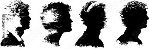 Grunge black and white silhouette portrait set for creative design projects