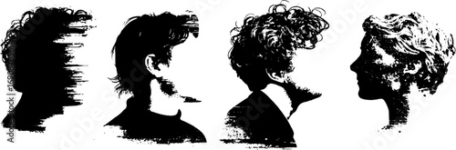Grunge black and white silhouette portrait set for creative design projects