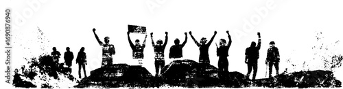 Grunge black and white silhouette of protesters with raised fists for activism design