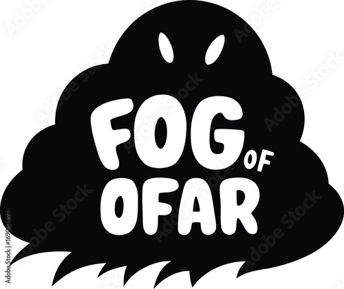 Black blob with white text FOGOFOFAR and two white eyes fog of afar lettering