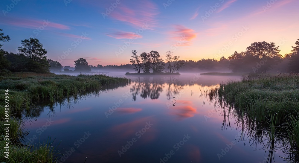 Obraz premium Serene Sunrise over Misty Lake and Island