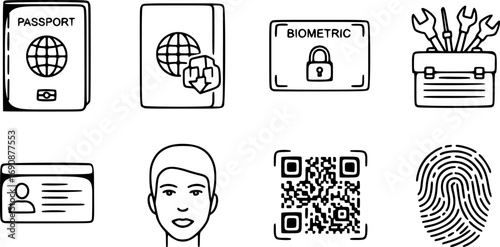 ID and Verification web icons in line style. Passport, biometric, tools, driving license, face id, code, finger, collection. Vector set