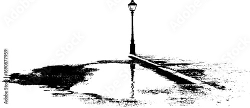 Black and white grunge puddle illustration with vintage streetlamp reflection for urban art design