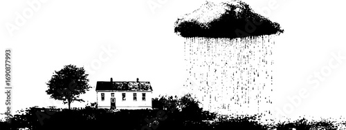 Grunge black and white illustration of rain with cloud over house scene