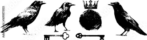 Grunge black and white raven illustration set with crown and keys for urban design