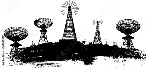 Grunge black and white antenna silhouettes for urban design and posters