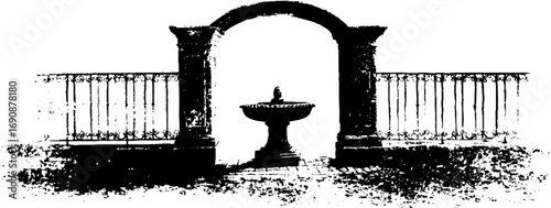 Grunge black and white renaissance fountain scene for urban decor and design