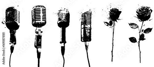 Vintage microphone and rose silhouette set in grunge style for artistic designs