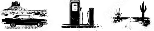 Retro grunge black and white set with classic car, vintage gas pump, and cactus landscape