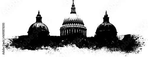 Black and white grunge architectural silhouette of historic domed building for urban design