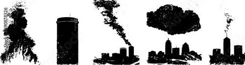 Grunge black and white city skylines with rising smoke for urban design and posters