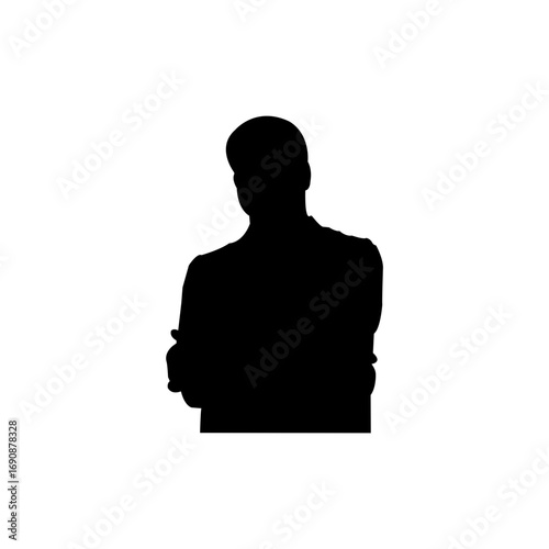 A simple, impactful silhouette of a man in a suit, arms crossed, against a plain white backdrop.