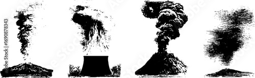 Grunge black and white volcano eruption illustrations for unique urban designs