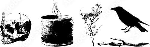 Grunge black and white ritual elements set for mystical design