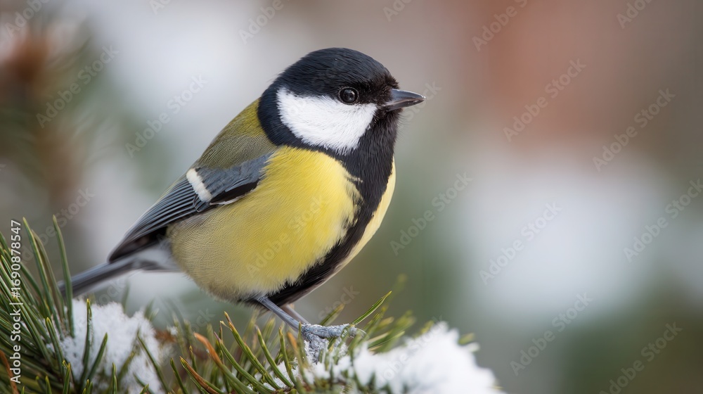Fototapeta premium Close-up of a great tit perched on a pine branch.