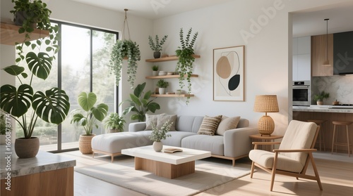 Modern Living Room with Natural Light and Indoor Plants in a Peaceful Setting