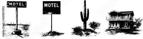 Grunge black and white roadside scene with motel signs and desert landscape elements