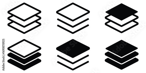 Stacked Layers Icons Set – Flat and Outline Layer Symbols for Design, Layout, Levels, and Surface Technology