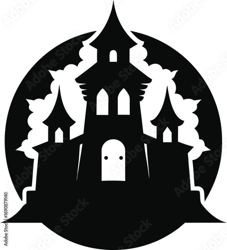 Black Silhouette of a Spooky Haunted Castle with Turrets and Bats on a White Background haunted house