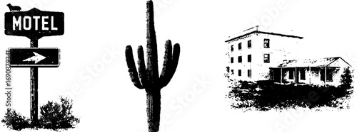 Black and white grunge motel sign, cactus, and desert building for urban design