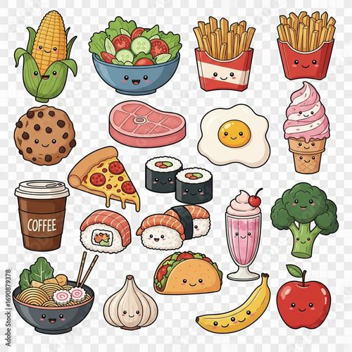 Adorable kawaii cartoon food illustrations. Smiling fruits, vegetables, meals, snacks, desserts, and drinks in a vibrant collection.