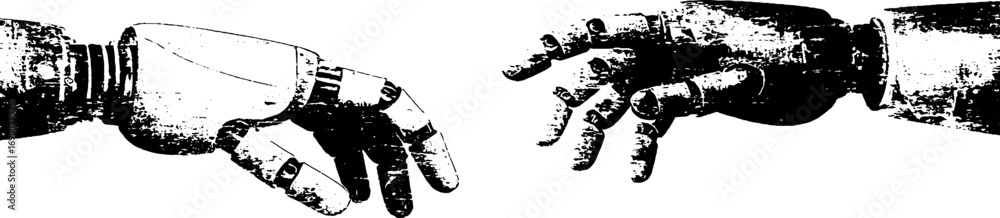 Grunge black and white robot hand illustration set for design and posters