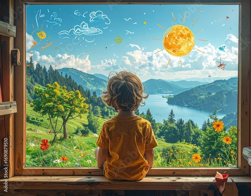 A child gazes out a window at a vibrant, sun-drenched landscape filled with rolling green hills, a sparkling blue lake, and whimsical drawings in the sky