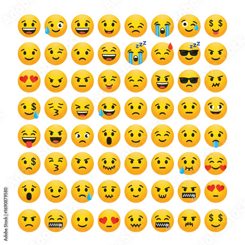 A large collection of yellow cartoon emoji faces depicting diverse emotions, expressions, and feelings. Vector illustration set.