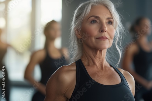 An older woman with gray hair is doing fitness in the gym, promoting an active lifestyle and longevity. Free Download An older woman with gray hair is doing fitness in the gym, promoting an active lifestyle and longevity. - GFXLoad