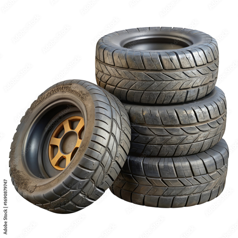 Obraz premium Stacked Worn Car Tires With Orange Wheel isolated on a transparent background rubber tread