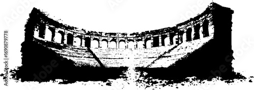 Grunge black and white illustration of roman colosseum silhouette for urban design and vintage projects