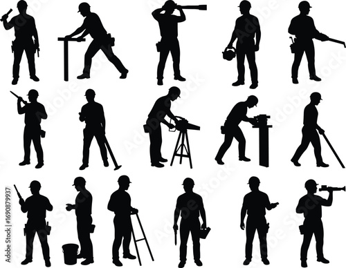 Silhouette construction workers, men using hand tools, cutting wood, drilling, measuring, sawing, repair job, heavy work, industrial labor, vector black worker silhouettes illustration