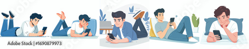 vector of a man lying down relaxing facing a cellphone screen