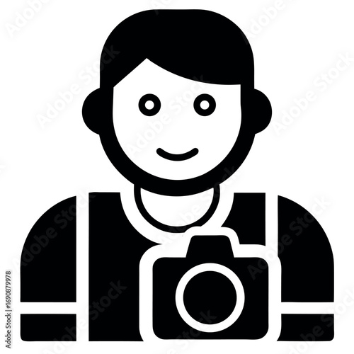 Stylized Icon of a Smiling Photographer with Camera, Black and White