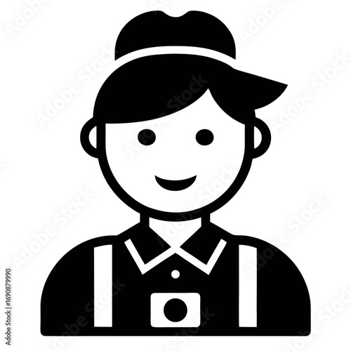 Black and White Depiction of a Photographer with a Hat and Camera