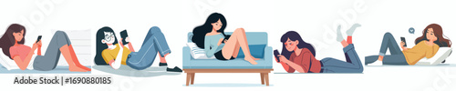 vector of a woman lying down relaxing facing a cellphone screen