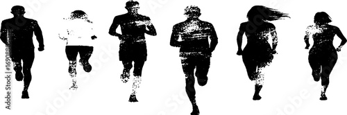 Grunge black and white runner silhouettes set for fitness and urban design