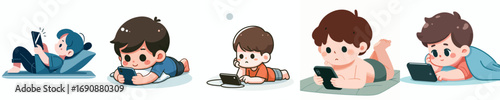 vector of a little boy lying down relaxing facing a cellphone screen