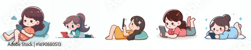 vector of a little girl lying down relaxing facing a cellphone screen