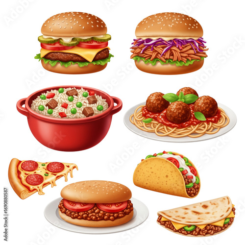 Vibrant realistic illustration of delicious fast food and comfort meals. Burgers, pizza, tacos, spaghetti and sandwiches.
