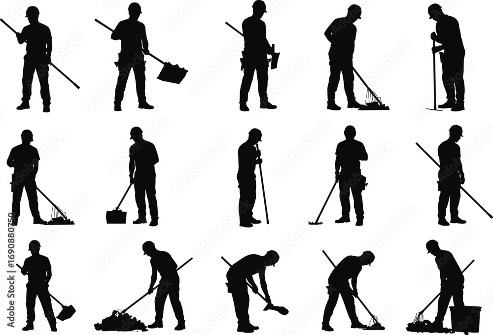 Fototapeta premium Silhouette construction workers, men using shovel and rake, digging ground, carrying tools, heavy labor, road work, industrial job, vector black worker silhouettes illustration